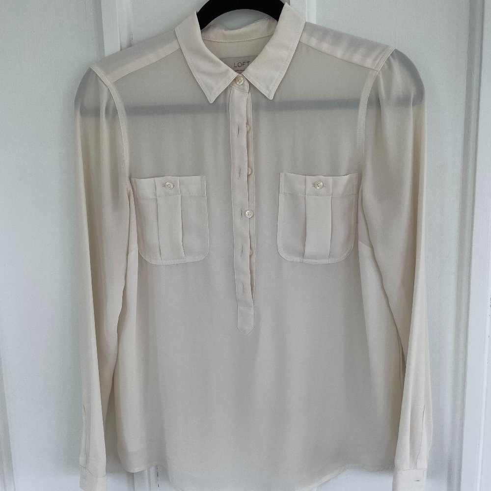 LOFT Long Sleeve Cream Half Button Blouse | Color: Cream | Size: Small Petite